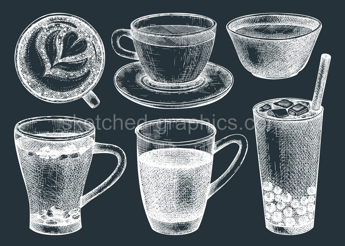 Hand-sketched tea mug illustrations on chalkboard. Vector sketches of hot drink in an glass teacups and glasses. Tea beverages drawings for menu design. Illustration